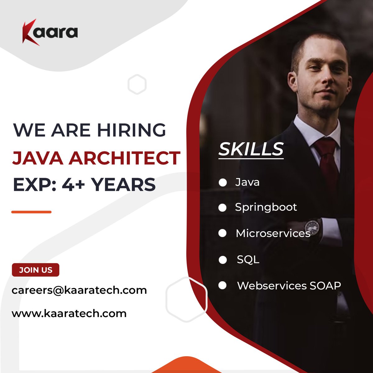 KaaraTech's tweet image. #Kaara is looking for a #javaarchitect with 4+ years of experience.

Interested candidates can send your portfolio and updated CV to careers@kaaratech.com.
For more, click:kaaratech.com

#kaaratech #java #springboot #sql #webservices #microservices #development
