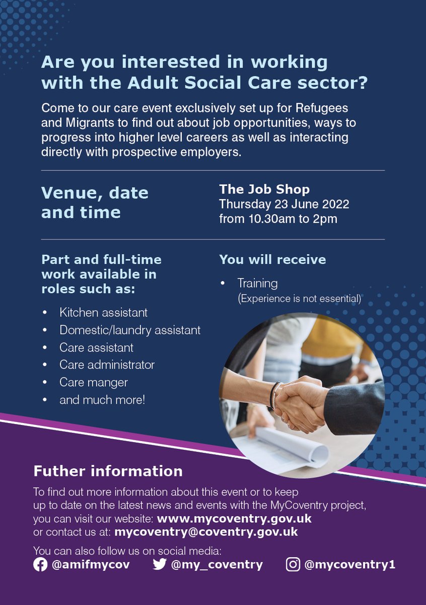 To support new arrivals in finding work, <a href="/CccMigration/">Coventry City Council Migration Team</a> team have organised an employment event on the 23rd June to help new arrivals progress into a career path within Adult Social Care. 

The MyCov partnership will be on hand to answer any questions you may have!

Full details👇