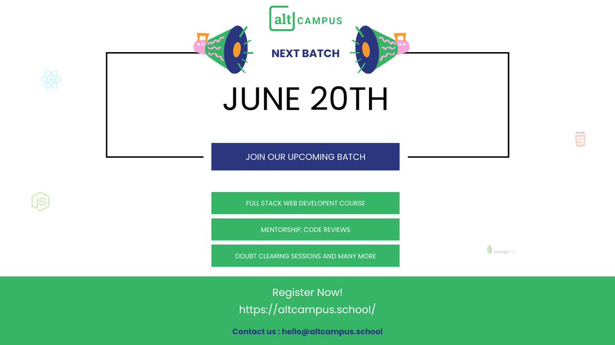 We are back with a new batch!

Join our upcoming batch and become a Full Stack Web Developer!

Upcoming batch: 20th June
Size: 15 Students

Register now using the link below:
launchpad.altcampus.school/signup

#altcampus #Bootcamp #softwaredevelopment