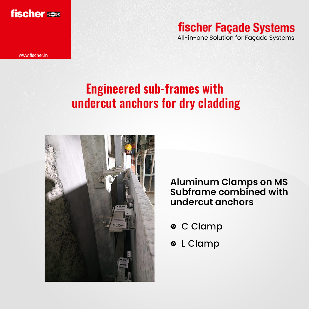 Fischer_India_'s tweet image. #fischer provides time-tested #subframes for #drycladding systems by using undercut anchors for a positive-fit connection in concrete. These subframe systems can be used with different structures like Aluminium substructures &amp;amp; Aluminium clamps on MS subframes. 

#fischerfacade