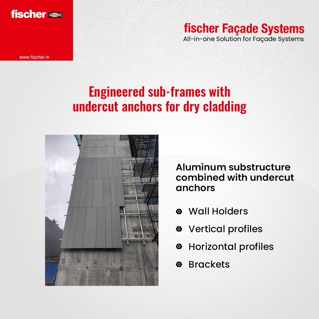 Fischer_India_'s tweet image. #fischer provides time-tested #subframes for #drycladding systems by using undercut anchors for a positive-fit connection in concrete. These subframe systems can be used with different structures like Aluminium substructures &amp;amp; Aluminium clamps on MS subframes. 

#fischerfacade