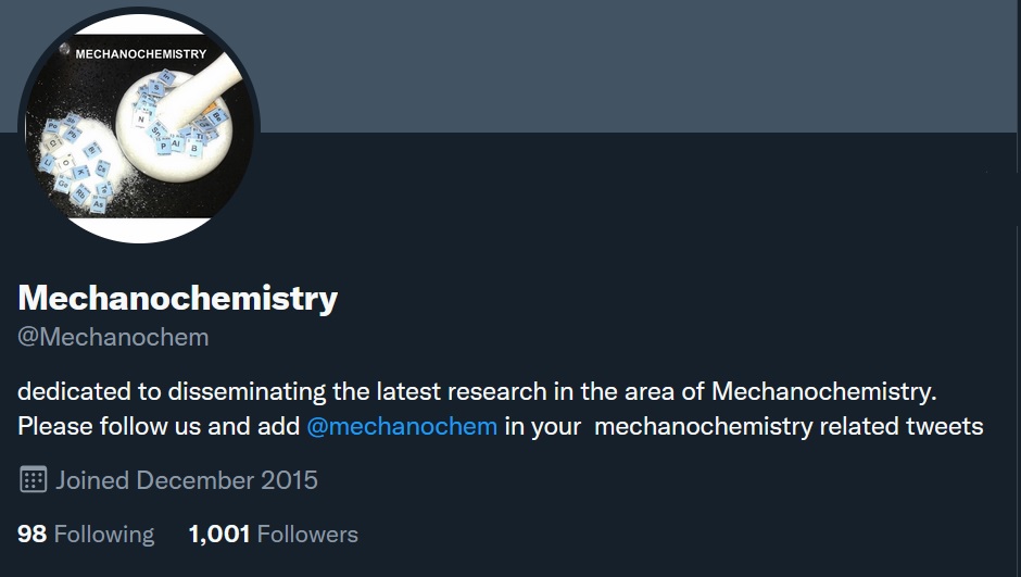 The Mechanochem Twitter account has reached over 1000 followers. Still a modest number, but showing a growing vibrant and exciting field. 

There are high hopes for the future of our community!

Following the #INCOME2022 motto "We are building a new chemistry are you with us?"
