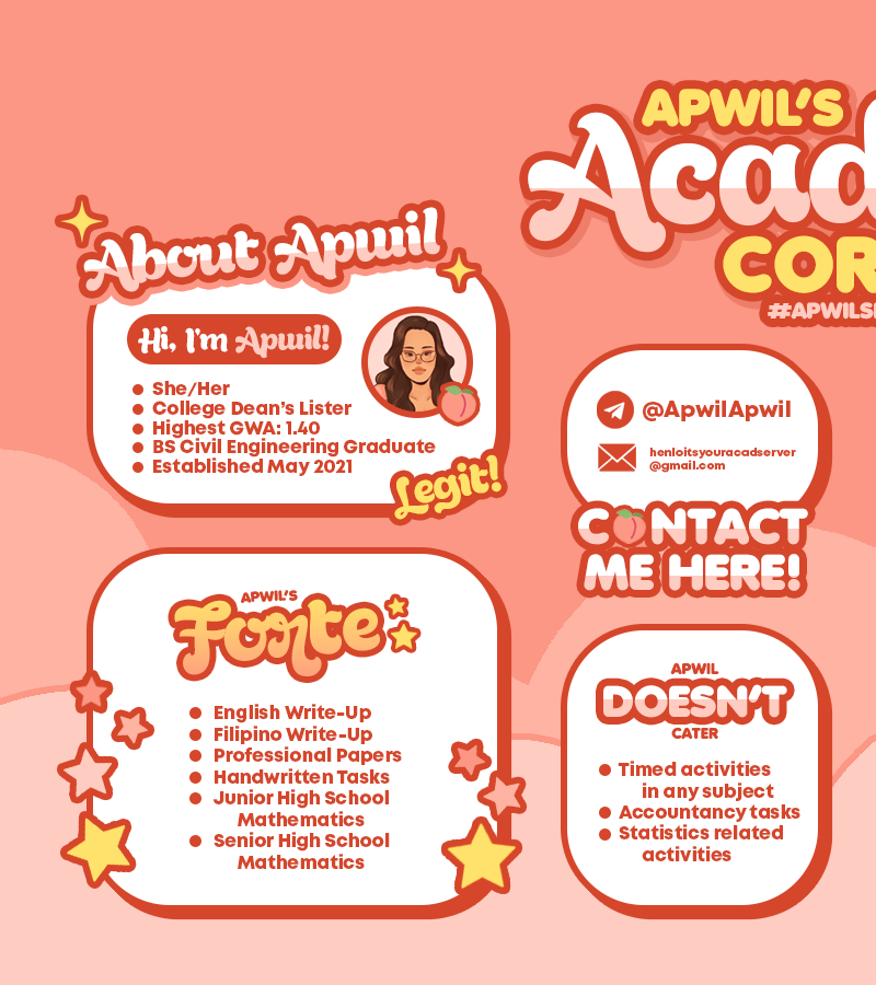 ApwilAcadCorner's tweet photo. 🍑 Henlo! Welcome to Apwil's corner, where you can find a safe space to unload the burden of your piled up academic tasks. 

You can refer to this sheet for the credibility, services offered, and T&amp;C's. 

• Clients Feedback: #ApwilFeedbacks
• Progress Tracker: #ApwilsProgress https://t.co/VYVA8LZiZ9