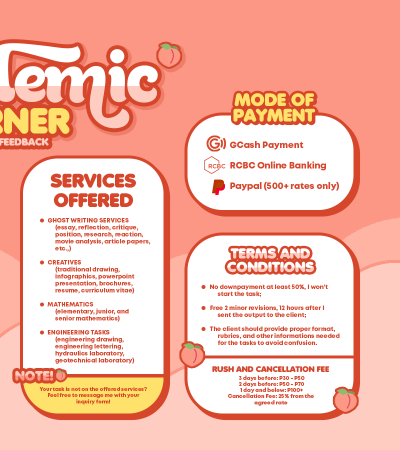 🍑 Henlo! Welcome to Apwil's corner, where you can find a safe space to unload the burden of your piled up academic tasks. 

You can refer to this sheet for the credibility, services offered, and T&amp;C's. 

• Clients Feedback: #ApwilFeedbacks
• Progress Tracker: #ApwilsProgress