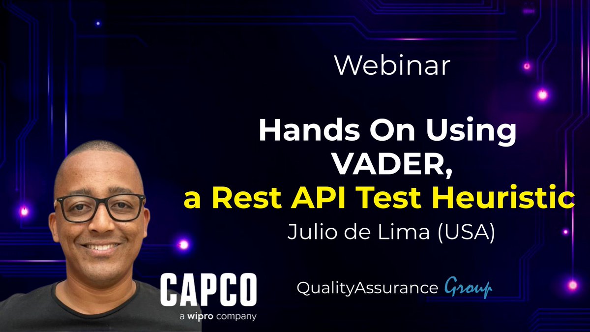 kaugenstein's tweet image. Join @Capco’s Julio de Lima on Wednesday, June 15th for Quality Assurance Group’s Webinar: Hands on Using VADER, a Rest API Test Heuristic.
Register Now: okt.to/qJrHgt
#VADER #RestAPITesting #technology