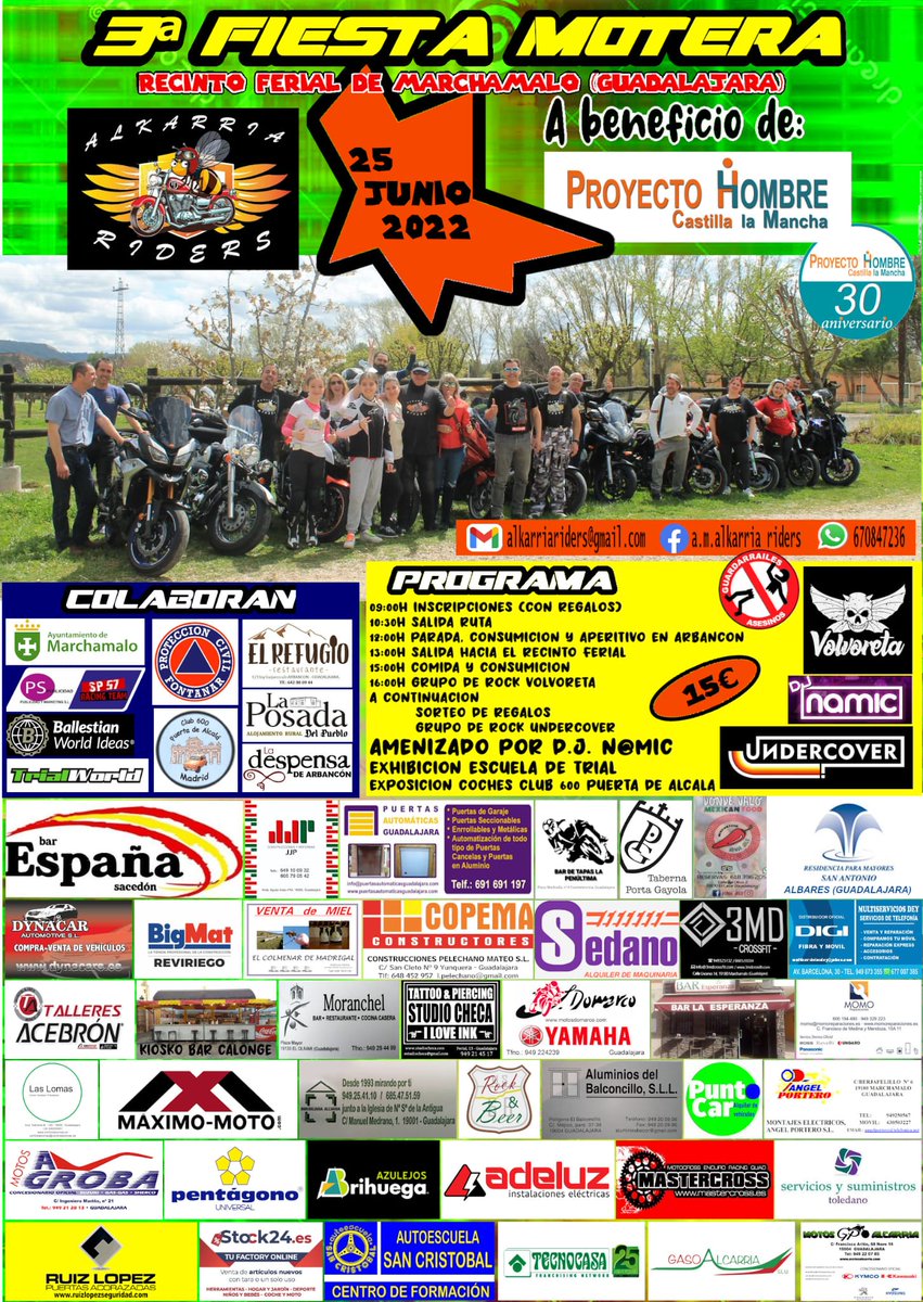 AytoMarchamalo's tweet photo. 🔊 CONCENTRACIÓN MOTERA
📅 25 junio, sábado
📍 Cubierta del Ferial

3ª Fiesta Motera de los Alkarria Riders, con recorrido desde Marchamalo por diversos pueblos, comida de hermandad y actuaciones musicales en la Cubierta del Recinto Ferial

❤ Todo a beneficio de @ProyHombreCLM https://t.co/ETyEJOkivF