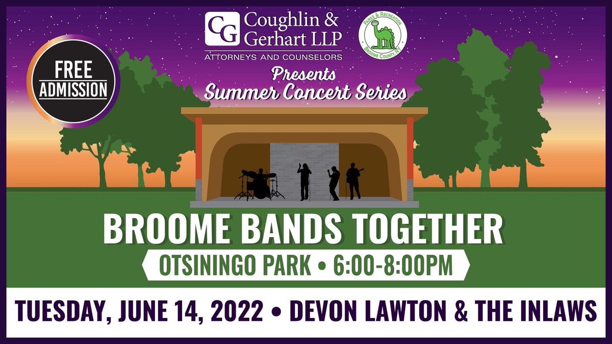 Broome Bands Together presented by <a href="/CoughlinGerhart/">Coughlin & Gerhart, LLP</a> kicks off TODAY!!

📍 Otsiningo Park Stage 
🎸 Devon Lawton &amp; The Inlaws 
📆 Tuesday, June 14
⏰ 6-8 P.M.
🍔 Downtown Danny’s 
🍺 <a href="/BeerTreeBrew/">Beer Tree Brew</a>
🍦 Here’s the twist 
🥫 CHOW will be accepting donations of non-perishable foods
