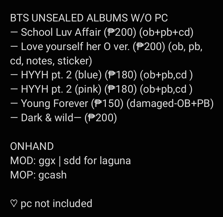 vvycartz's tweet photo. #vieluvsselling

『 wts | lfb | ph 』

BTS UNSEALED ALBUMS W/O PC

DM for more info
ONHAND
MOD: ggx | sdd for laguna
MOP: gcash

♡ pc not included

"mine" or dm me https://t.co/4qCIyeRLpK