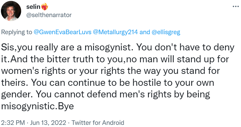 GwenEvaBearLuvs's tweet photo. There's little more pathetic than a deluded specimen who thinks s/he knows us all and sees fit to scream "MISOGYNY!!" when triggered in the slightest, while in actuality not even knowing what misogyny is.
#FeminismIsCancer 
#SayNoToMisandry 
#SayNoToMisogyny 
#TruthIsNotMisogyny https://t.co/8wkhZCWU2P