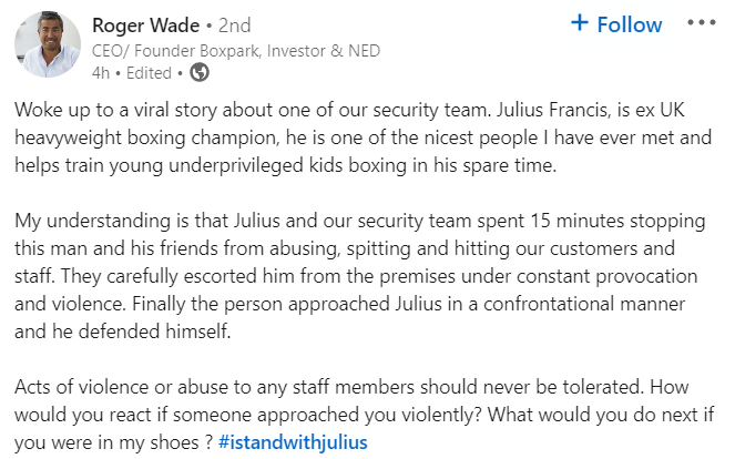 BOXPARK founder/CEO Roger Wade has put out a statement on the Julius Francis incident: "I stand with Julius."