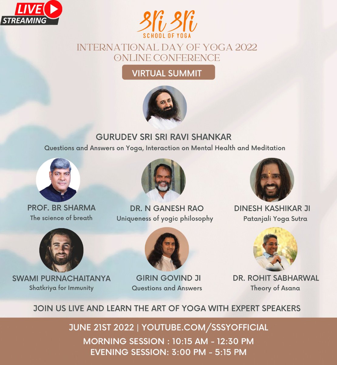ArtofLivingYoga's tweet photo. The art of living celebrates the International day of yoga on June 21st 2022. Join our experts for the premiered sessions. #Theartofyoga https://t.co/6J5OiaKTry