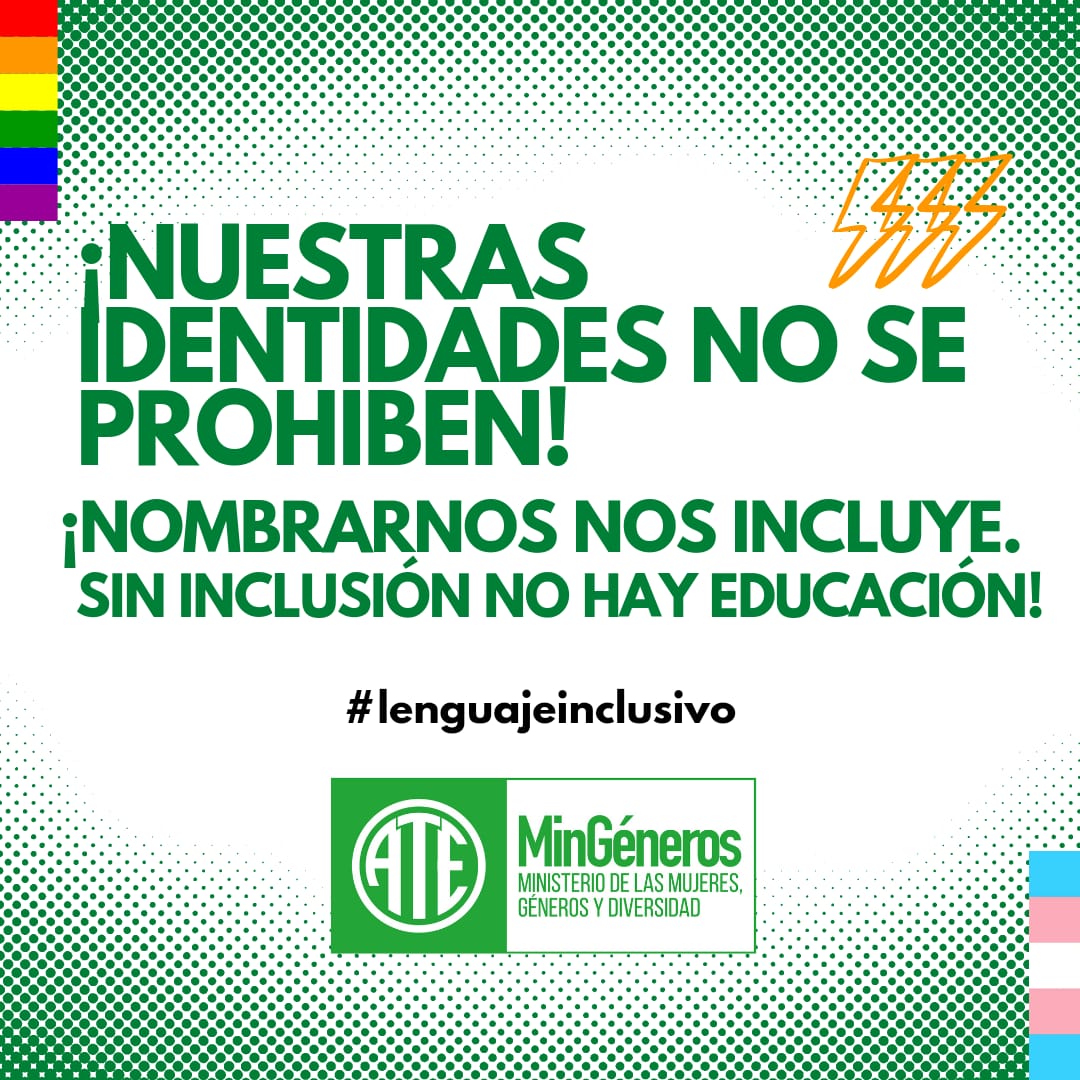 🏳️‍🌈🏳‍⚧La prohibición del uso del lenguaje inclusivo en las escuelas de CABA niega nuestras identidades y atropella nuestros derechos
Lo que no se nombra no existe y nosotrxs existimos y resistimos
#Larreta
#Lenguajeinclusivo
#ElSindicalismoEsConTodxs
#AteCap
#JuntaInternaMingen