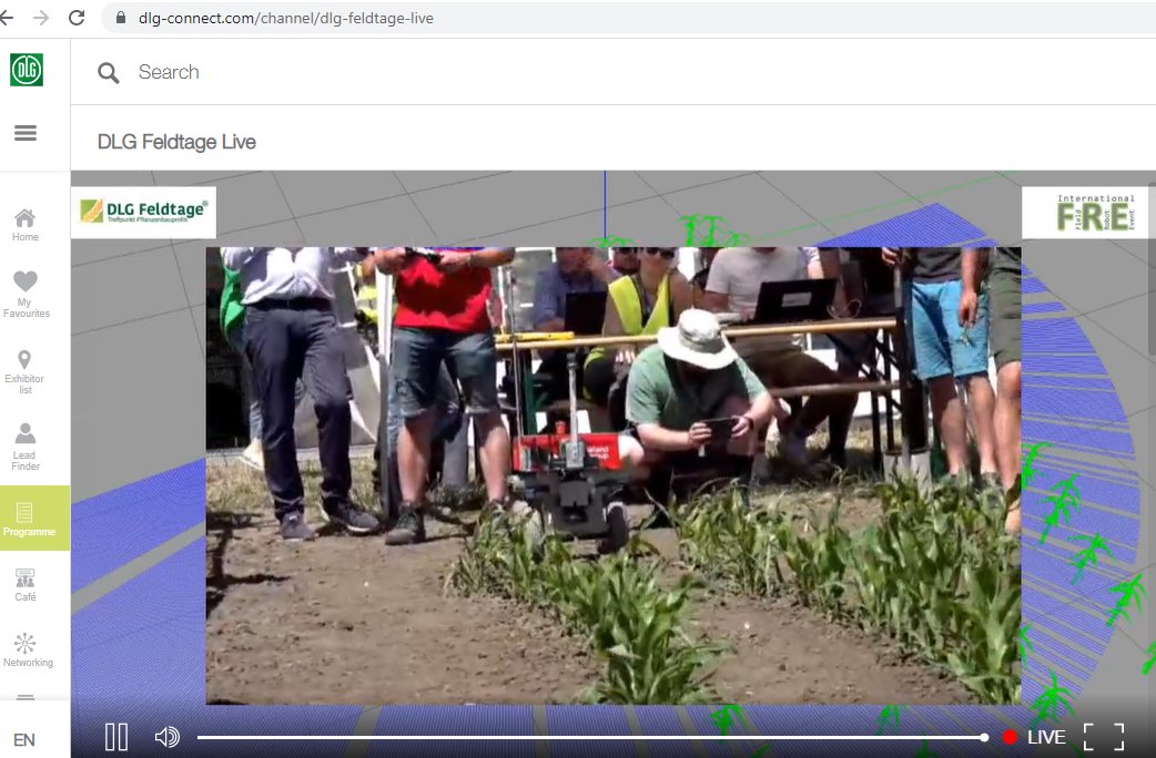 feldtage's tweet image. Now live:
Field robots going through curved maize rows.
Difficulty is detecting end of the row and performing the headland turn.
#DLGFeldtage22 #FieldRobotEvent