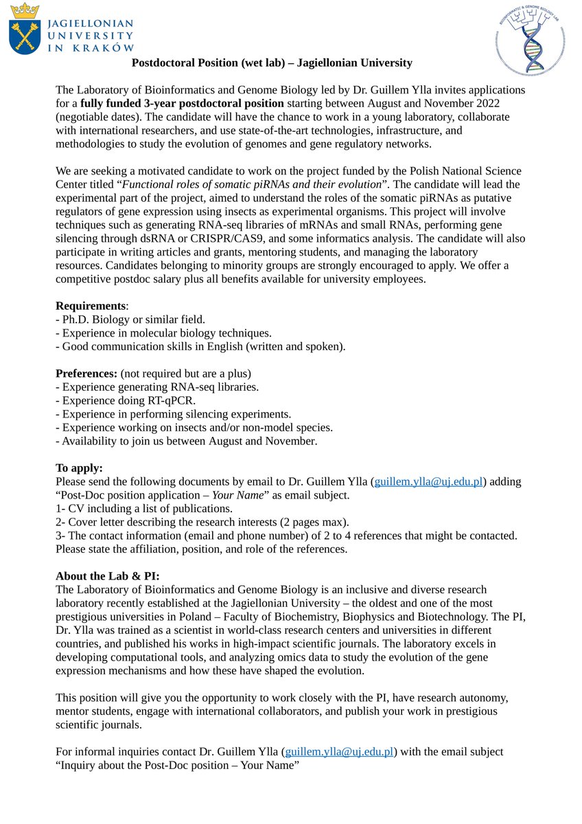 📢 I am hiring a #postdoc (mostly wet lab) interested in #evolution and #smallRNAs to join us in Krakow. Position fully funded for 3 years by our project from <a href="/NCN_PL/">Narodowe Centrum Nauki</a> to study #piRNAs in #insects.