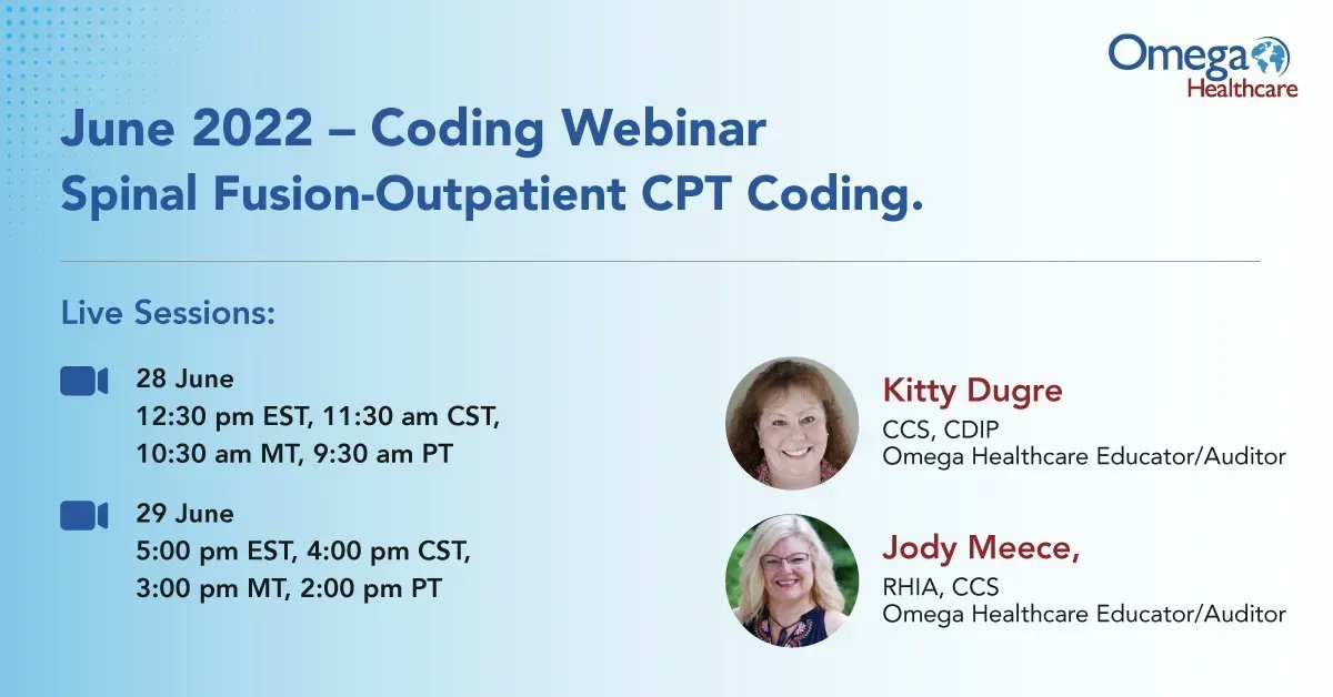 Omega_HMS's tweet image. Join our Omega Educators as we explore Spinal fusions - Outpatient CPT Coding on
28th June, 12:30 pm EST buff.ly/3xxYKel.
29th June, 5:00 pm EST buff.ly/3xonz6b53
#coding #codingwebinar #webinar #healthcare