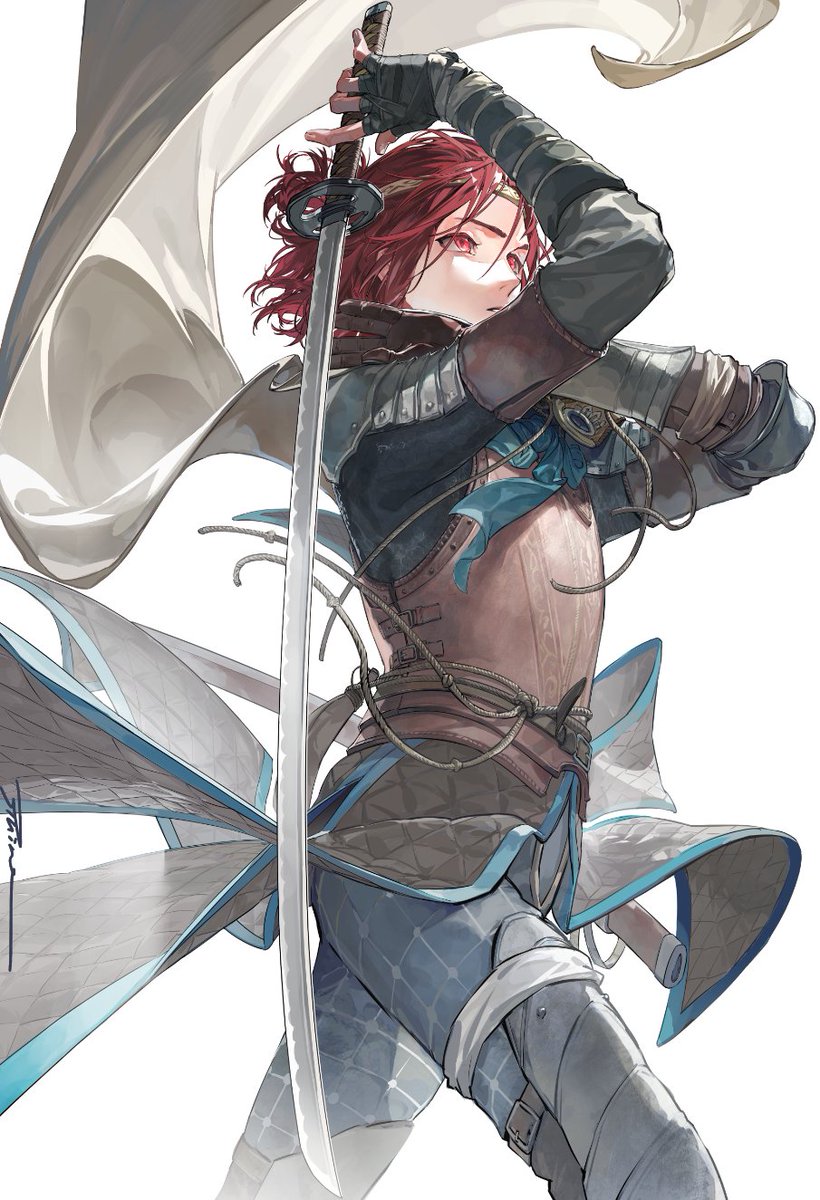 weapon sword red hair solo red eyes holding holding weapon  illustration images