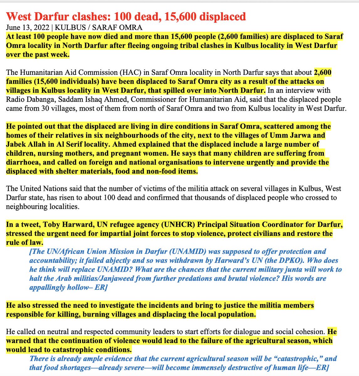 sudanreeves's tweet image. As they have for the past two decades, heavily armed Arab militias are ravaging villages of non-Arab tribal groups in #Darfur. Notably, the UN #DPKO—in deciding to terminate #UNAMID—assessed West Darfur as the most stable and best suited for early withdrawal. Utter expediency…