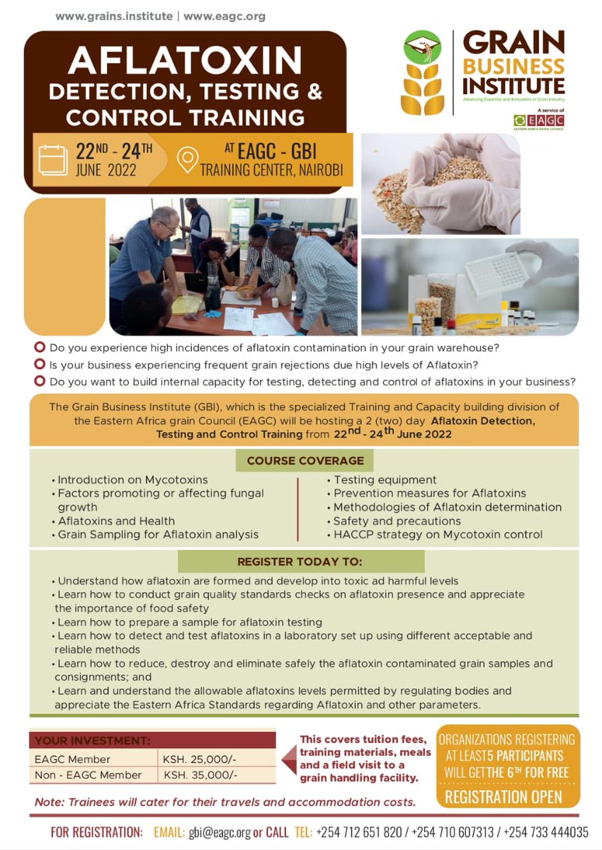GBI_EAGC's tweet photo. Do you want to build your capacity in detection, testing, and #controlofaflatoxin in your #business? Join @GBI_EAGC in this exciting journey #impartingknowledge #skills &amp; promoting #foodsafety in #graintrade in Kenya from 22nd-24th June 22. Register here: https://t.co/3DQJ7s5FDw https://t.co/UrUAgm5377