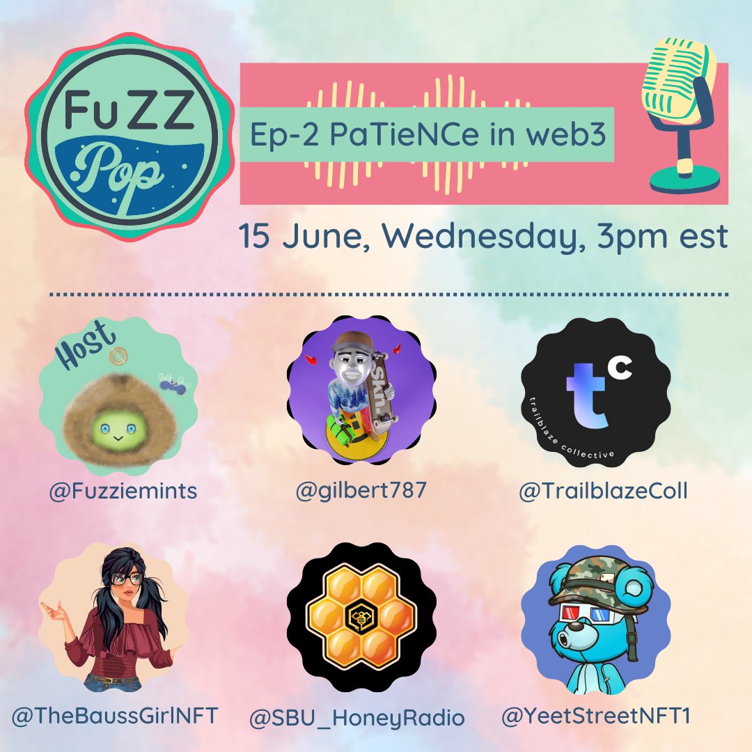 Fuzz Pop Ep 2- Patience in Web3

this week we are joined by amazing projects and individuals 
<a href="/TrailblazeColl/">Trailblaze Collective</a>
 
<a href="/SBU_HoneyRadio/">⚡️🍯🎙️HoneyRadio⚡️</a>
 
<a href="/gilbert787/">Gilberto</a>
 
<a href="/YeetStreetNFT1/">YeetStreet</a> 

<a href="/TheBaussGirlNFT/">The Bauss Girls</a> 

Set your reminders, and see you then.
x.com/i/spaces/1YqKD…