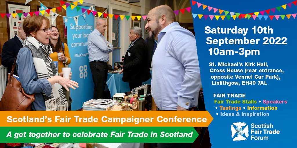 You're invited 🥳
We're getting together in person once again to celebrate what Fair Trade campaigners have achieved across Scotland, and to be inspired as we continue to campaign for a fairer world. 
Saturday 10th September.
More info &amp; register 👉 bit.ly/3Hl6eoi