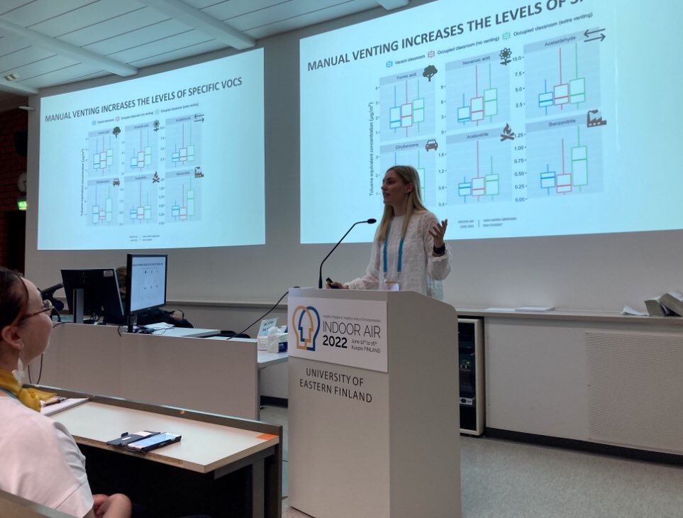 AirKasper's tweet photo. @sarabjerre97 giving her first presentation at #IndoorAir2022 on the chemical air pollution in classrooms. Awesome job, Sara! https://t.co/UIegBrkvpO