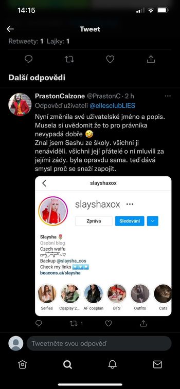 DebunkedElles's tweet photo. 1 Another fake account, here he pretends to be a Czech person. But everyone who speaks Czech can tell this is not written by a Czech speaker.

This is a post about me(slayshaxox) pretending to be my schoolmate. Literal translation:

Now she changed her username and description. https://t.co/cqtX3ofVsp