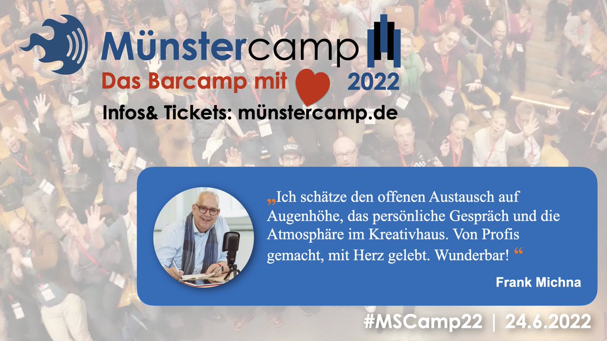 Das #MSCamp22 steht vor der Tür, am 24.6. laden wir zum ersten Mal im Sommer ins @KreativHausMS Münster ein. Wer noch überlegt, ob er/sie ein Ticket buchen sollte: Wir haben als Überzeugungsstütze ein paar Testimonials gefragt, warum sie dabei sind ;-) Diesmal: <a href="/F_Michna/">Frank_Michna</a>.