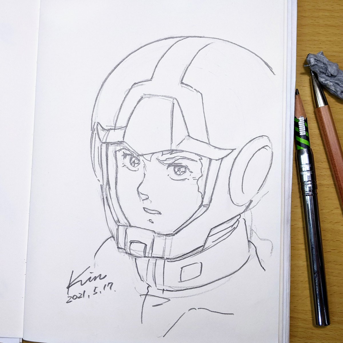 helmet traditional media solo 1boy male focus signature dated  illustration images