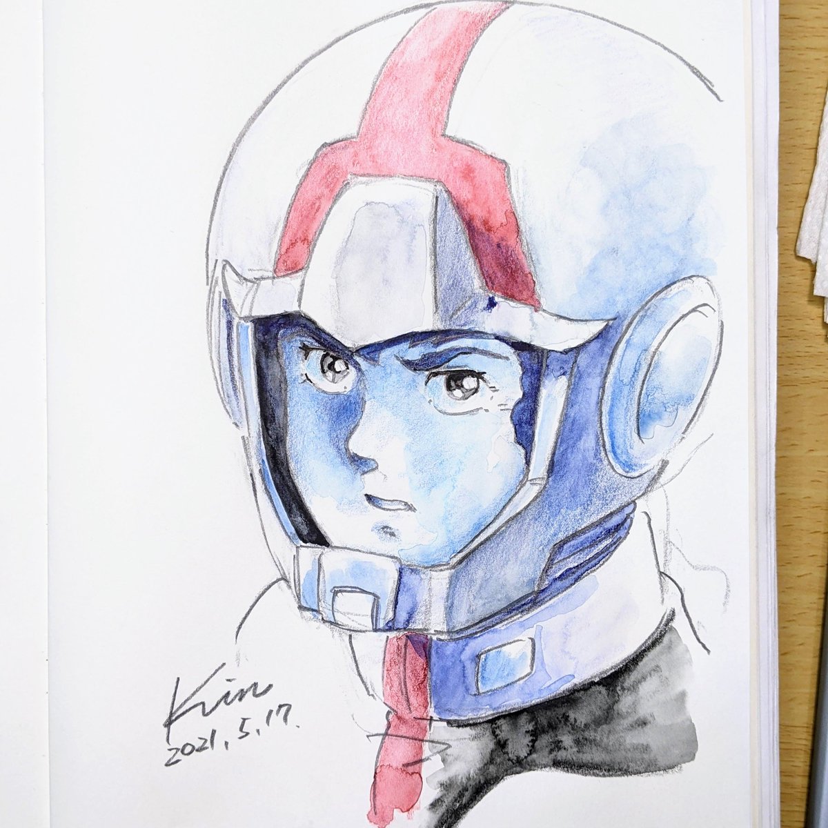 helmet traditional media solo 1boy male focus signature dated  illustration images