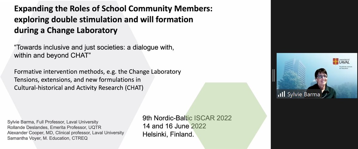.<a href="/SylvieBarma/">Prof. Sylvie Barma</a> Expanding the Roles of School Community Members: exploring double stimulation and will formation during a #ChangeLaboratory in the formative intervention methods session of hybrid #nbiscar2022
