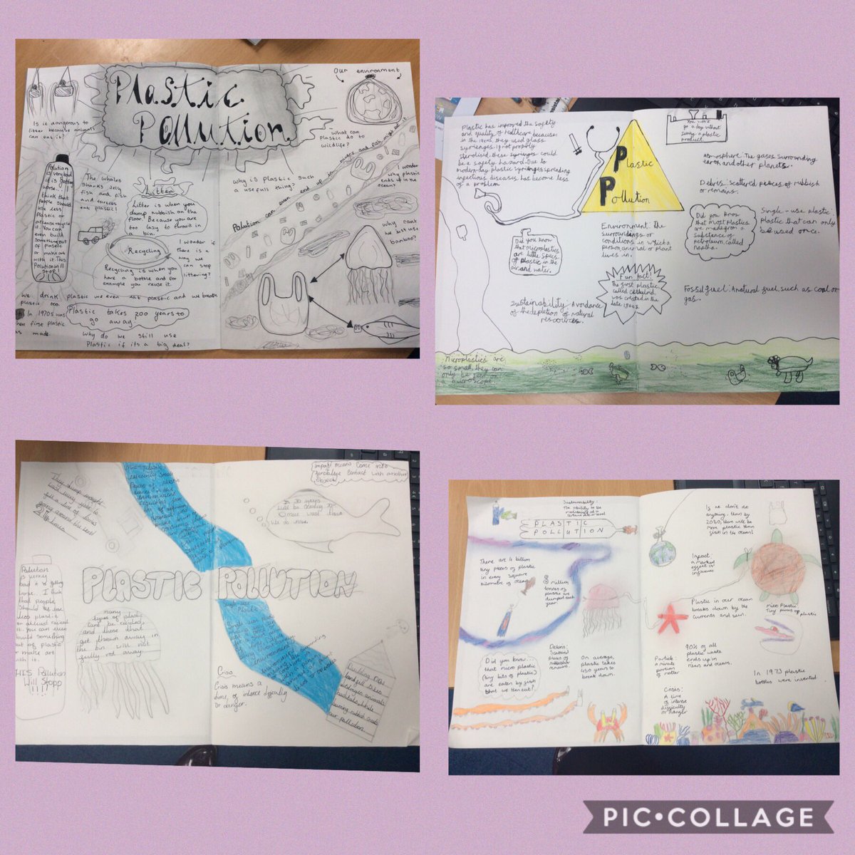 StBernardsep's tweet photo. Some wonderful double page spreads from T6 this morning- our first of the new Connector: Save our Seas - Plastic Pollution.
#StBsConnector #sustainability #plasticproblems @TheLCUK @LearnatCZ https://t.co/i7N6YaXo7M