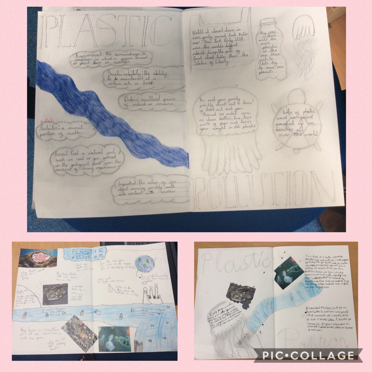 StBernardsep's tweet photo. Some wonderful double page spreads from T6 this morning- our first of the new Connector: Save our Seas - Plastic Pollution.
#StBsConnector #sustainability #plasticproblems @TheLCUK @LearnatCZ https://t.co/i7N6YaXo7M