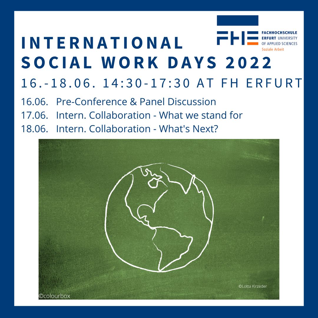 Die ISWD 2022 bieten Beiträge von Studierenden und Lehrenden des Masters #InternationaleSozialeArbeit sowie von internationalen Partnern. Schaut vorbei, lernt dazu und diskutiert mit - digital oder in Präsenz auf dem Campus der Altonaer Straße der @FH_Erfurt.