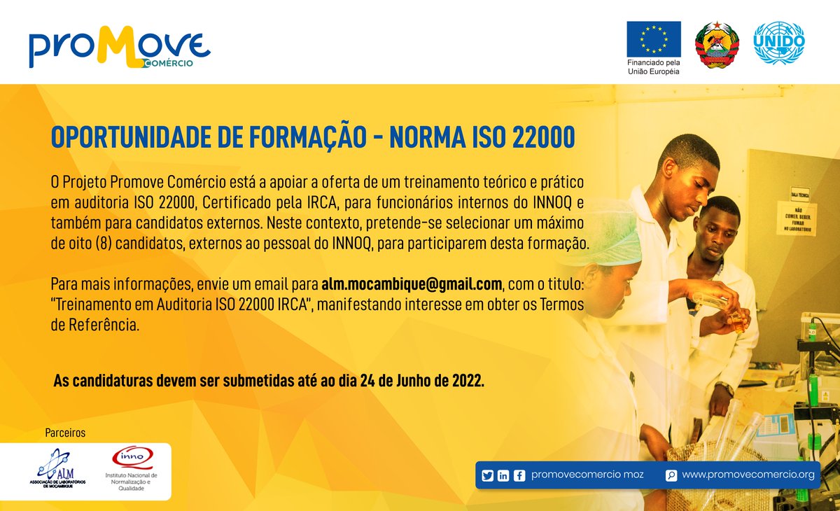 promovecomercio's tweet photo. OPORTUNIDADE DE FORMAÇÃO - Treinamento teórico e prático em auditoria #ISO_22000, Certificado pela #IRCA, para funcionários internos do #INNOQ e candidatos externos.
Saiba mais enviando um email para alm.mocambique@gmaiL.com com o titulo: Treinamento em Auditoria ISO 22000 IRCA https://t.co/d4bOBWgM2o