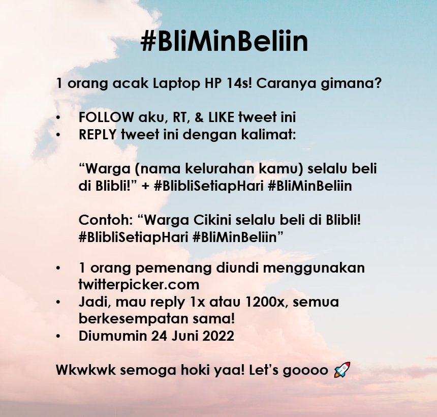 bliblidotcom's tweet photo. Mau #BliMinBeliin Laptop HP 14s ✨𝒈𝒓𝒂𝒕𝒊𝒔✨?

Cek tuh caranya, semoga hokinya kamu ya! Lets goooo 🚀🏁 #BlibliSetiapHari https://t.co/fYrwp9m9mp