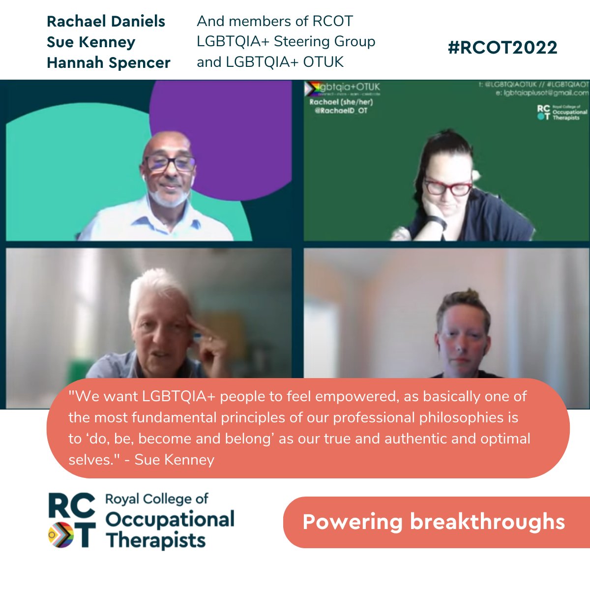 An incredible session from <a href="/RachaelD_OT/">Rachael</a>, <a href="/sue_kot/">Sue Kenney (she/her)</a>, <a href="/hspenceruk/">Hannah Spencer (they/them) 🏳️‍⚧️🏳️‍🌈</a> and other members of our RCOT LGBTQIA+ Steering Group and <a href="/LGBTQIAOTUK/">LGBTQIA+OT UK</a>. 

#RCOT2022