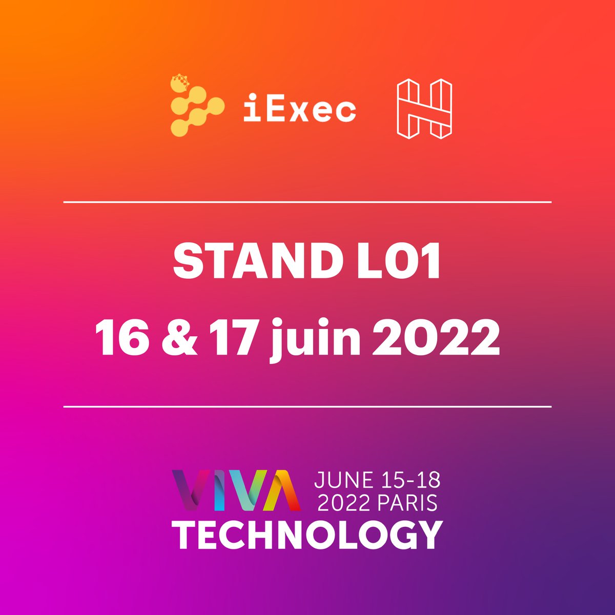 H7 et <a href="/iEx_ec/">iExec RLC</a> à <a href="/VivaTech/">VivaTech</a> 👀

RDV les 16 &amp; 17 juin au plus grand événement start-up d'Europe à Paris

Technologie blockchain, Web3, programme d'incubation, venez nous voir sur le stand d'iExec !

📍 Paris | 16 &amp; 17 juin | Stand L01

#VivaTech #Paris #Web3