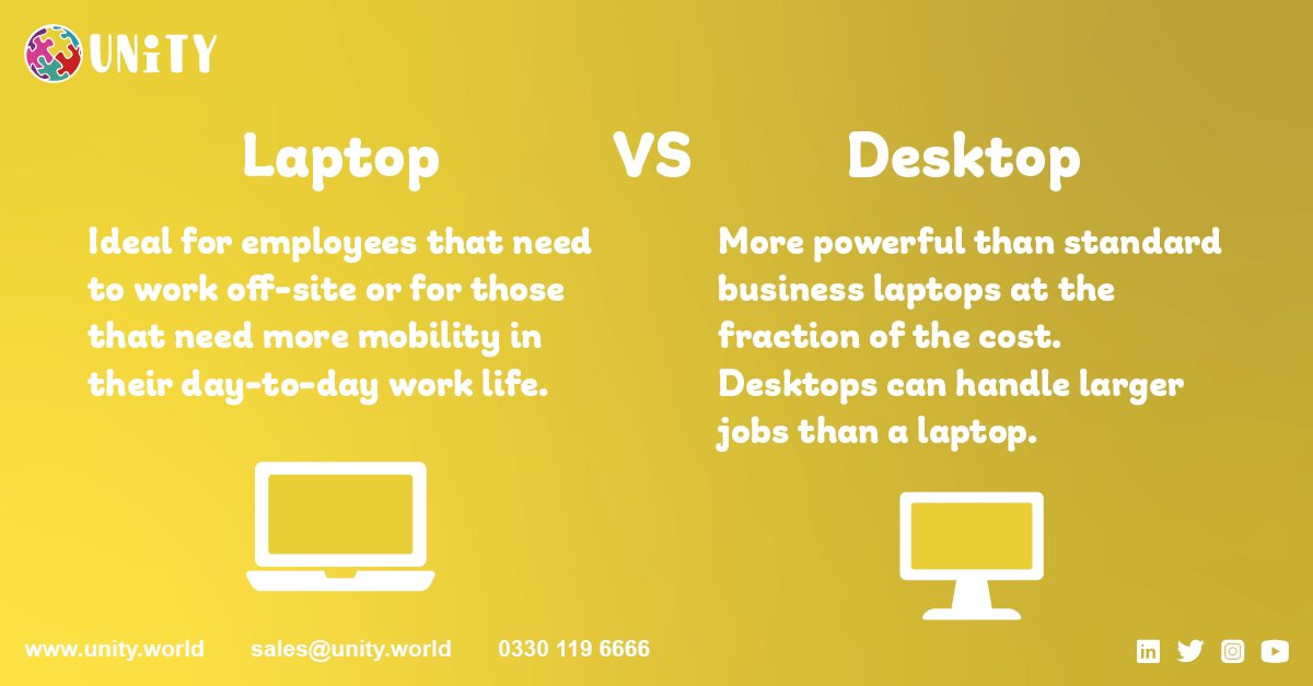 Unityworld6's tweet image. When it comes to working on a computer, there's just one question to ask: what's better, laptop or desktop? Contact us on 0330 119 6666 or email us at sales@unity.world to find out more. #WeAreUnityWorld #B2B #BizHour #Laptop #Desktop