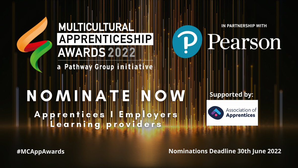 Multicultural Apprenticeship Awards (@mcappawards) on Twitter photo 🥳 CELEBRATING #TALENT & #DIVERSITY 🏆
Nominations for The Multicultural Apprenticeship Awards 2022 are NOW OPEN!
…lticulturalapprenticeshipawards.co.uk
Supported by <a href="/AssocApprentice/">Association of Apprentices</a>
#MCAppAwards #Apprenticeship #Apprenticeships #ApprenticeshipsWork 🥳 CELEBRATING #TALENT & #DIVERSITY 🏆
Nominations for The Multicultural Apprenticeship Awards 2022 are NOW OPEN!
…lticulturalapprenticeshipawards.co.uk
Supported by <a href="/AssocApprentice/">Association of Apprentices</a>
#MCAppAwards #Apprenticeship #Apprenticeships #ApprenticeshipsWork