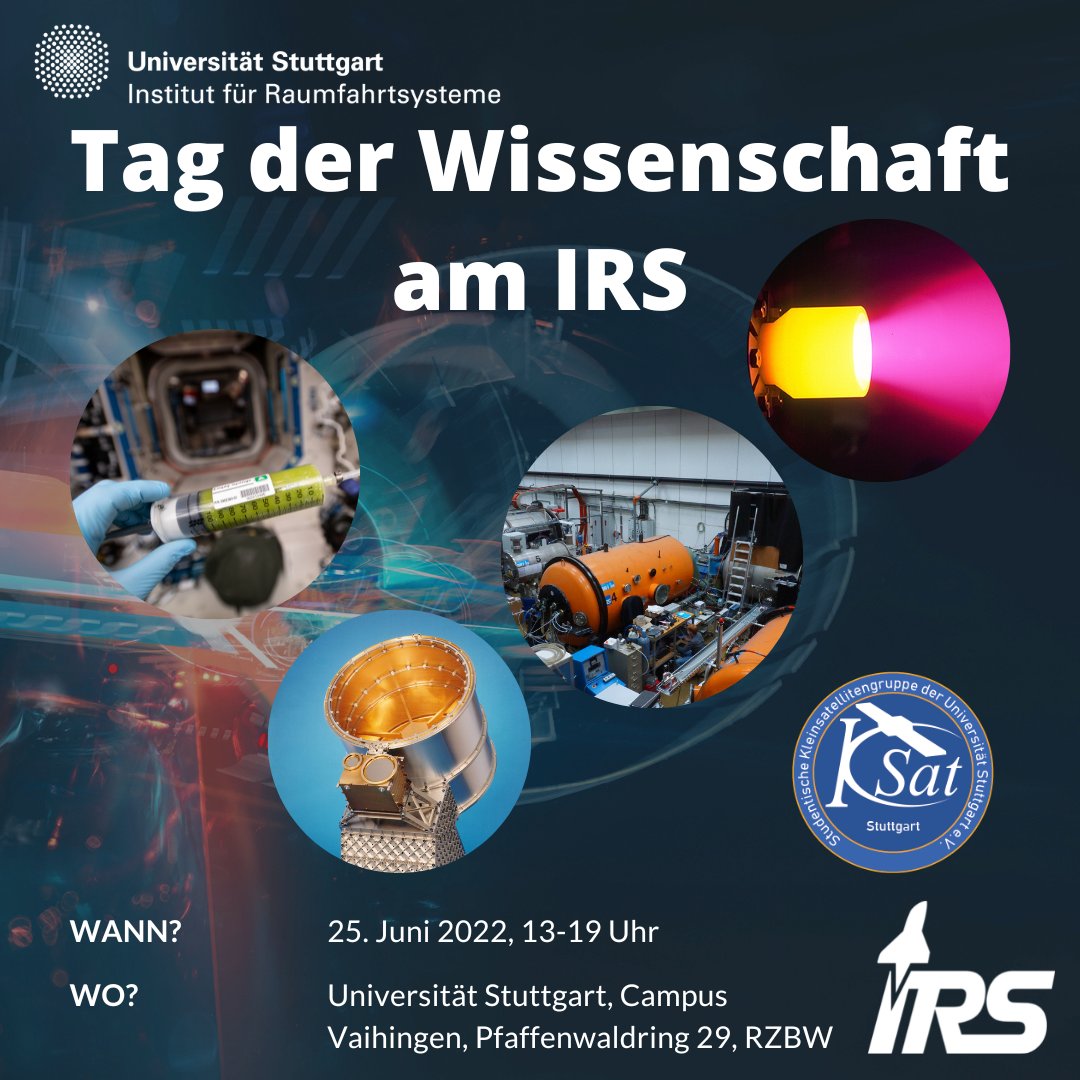 Kommt zum Tag der Wissenschaft am 25. Juni! 🚀
Ein Einblick in unser Programm: 

- Kosmische Staubforschung
- Elektrische Raketenantriebe &amp; Plasmawindkanäle
- Lebenserhaltungs- &amp; Energiesysteme im All
- <a href="/KSat_Stuttgart/">KSat Stuttgart</a>: Studentische Kleinsatellitengruppe &amp; ihre Projekte

#tdw22
