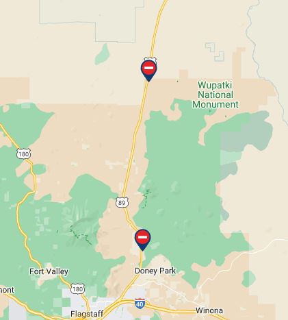 REMINDER: US 89 remains CLOSED north of Flagstaff due to the Pipeline Fire.

The southbound side is closed at milepost 445; the northbound side is closed at milepost 425.

#Aztraffic #PipelineFire
