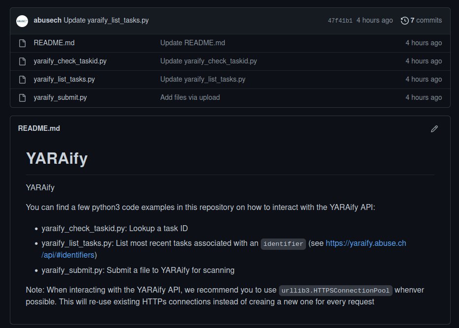 abuse_ch's tweet image. We have just published a handful example code (python) that shows you how to interact with the YARAify API ⚙️ You can find the code snippets on your github page:

👉 github.com/abusech/YARAify

Happy hunting! 💪