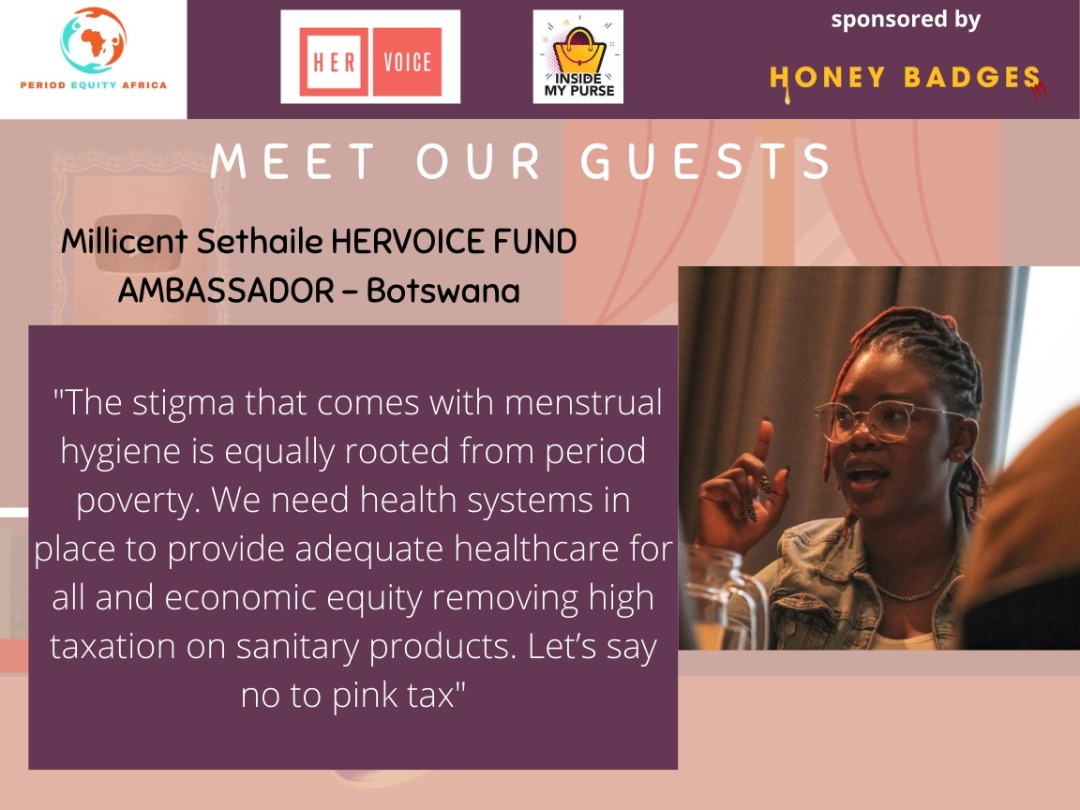 EquityPeriod's tweet photo. 🎈Meet our Guests!
@Milly_Reo is the HerVoice Fund Ambassador in Botswana, coordinated by @Yplus_Global
@SRHR4Youth @ChoonaraShakira
@thecaseforher
#periodsmatter #periodequity
#periodjustice #climatejustice #youngwomen #leadership https://t.co/TYC6oqAhGr