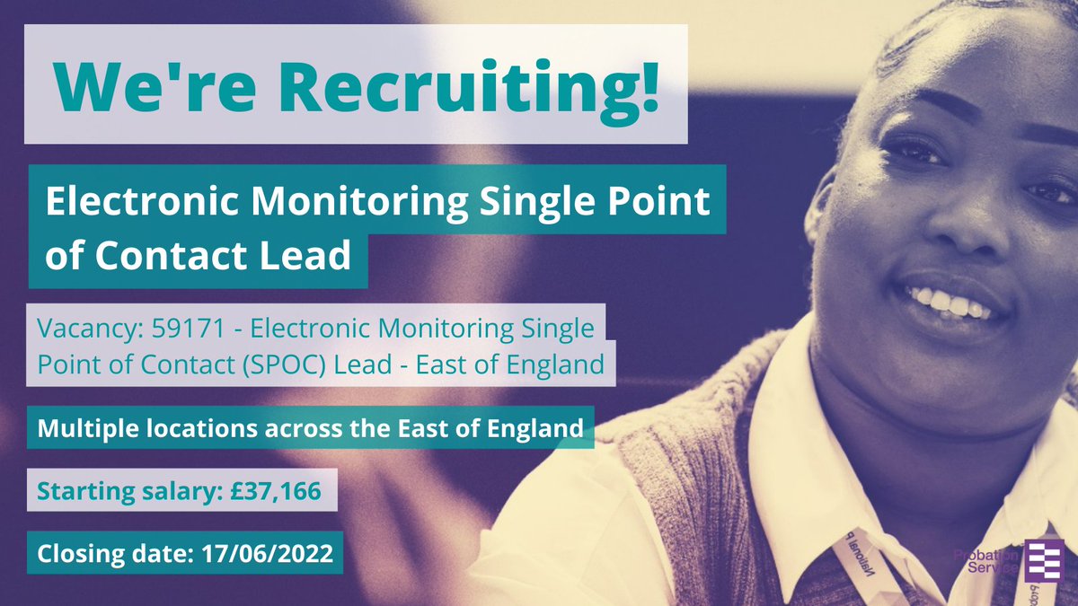 EoEProbation's tweet photo. 🎉We're #recruiting Electronic Monitoring Single Point of Contact Lead in the East of England! 

💻Click the link to apply and kick off your Probation Service #career!

🔗https://t.co/X3AsF4H28o

@EoEPSregion @SteveJPEofE #hiring #jobsearch #jobhunt #probationjobs #moj #job https://t.co/VAbgoDUEfA