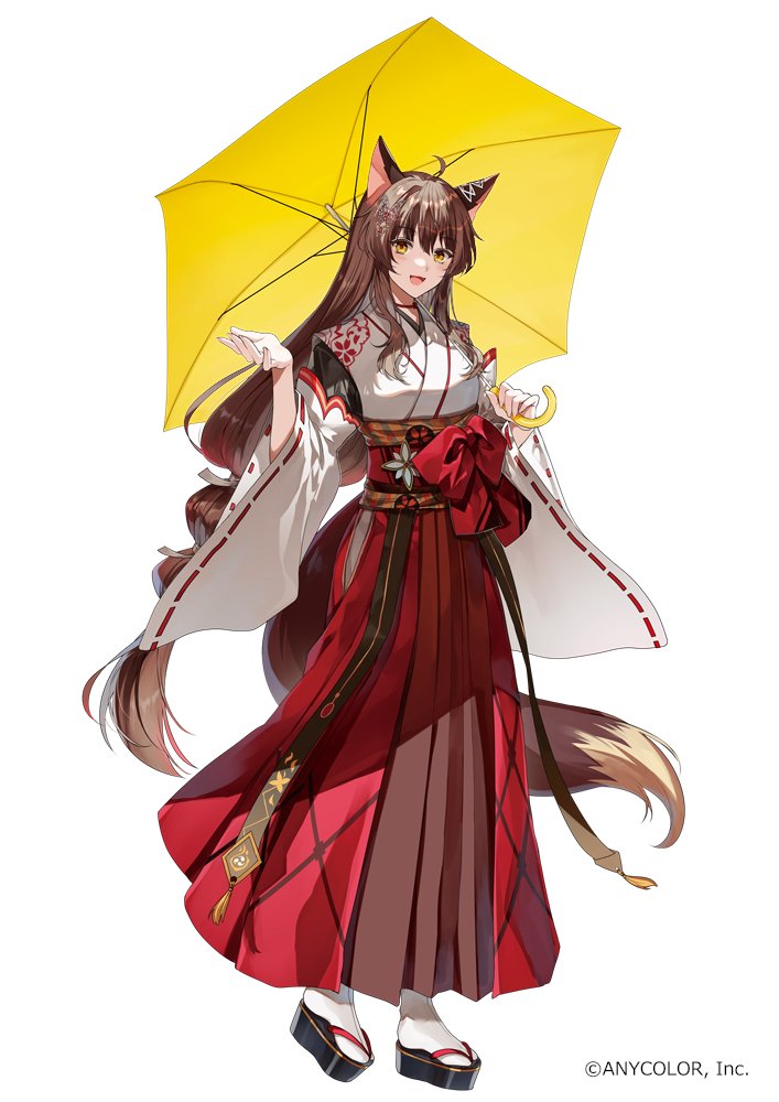 1girl japanese clothes animal ears long hair solo brown hair umbrella  illustration images