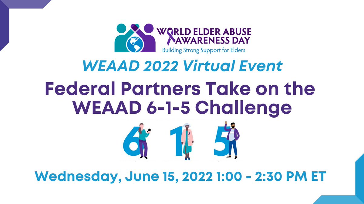 SocialSecurity's tweet photo. Tomorrow is World Elder Abuse Awareness Day (#WEAAD). Register for the 2022 Virtual Event: Federal Partners Take on the #WEAAD615 Challenge on Wednesday, June 15, from 1:00 to 2:30 pm ET!
Learn more and register here: https://t.co/jyq1DAMvSE https://t.co/HtqTLVUShp