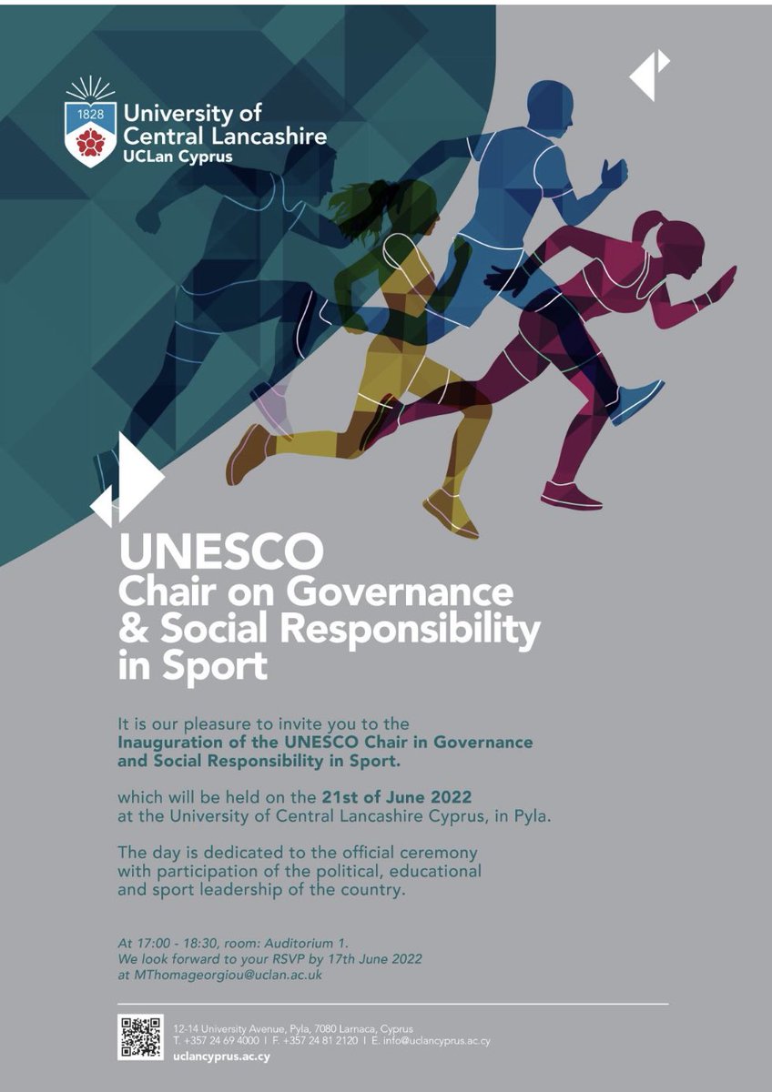 chrisanagno's tweet photo. The UNESCO Chair @UCLanCyprus will promote an integrated system of research, educational and training activities so to inspire the ‘sport movement’ towards raising the quality of its governance practices &amp; embracing socially responsible programs that have sport at their core. https://t.co/7ZxYIwZ4fl