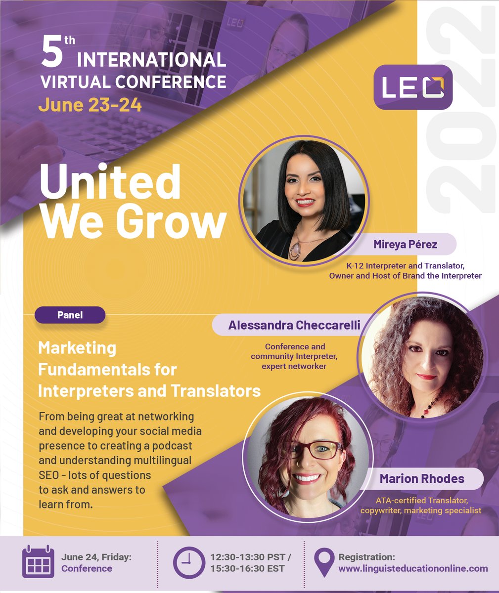 LingEduOnline's tweet photo. This panel will cover a variety of topics that we don't always engage in, although we should: from being great at networking and developing your social media presence to creating a podcast and understanding multilingual SEO. Join us next week at #LEO5 to learn more! #1nt #xl8 https://t.co/a0cTaxpXxS