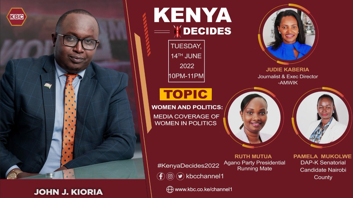 cherotichrebeca's tweet photo. Tuesdays are for political conversations. 

Join in the conversation as @JKioria hosts @Judiekaberia of @AMWIK @AganoPartyke 's Running Mate #RuthMutua @DAP_Kenya' s candidate Nrb #PamelaMukolwe on @KBCChannel1.

Keep the hash tag #KenyaDecides2022 https://t.co/RlpnaB5wvC