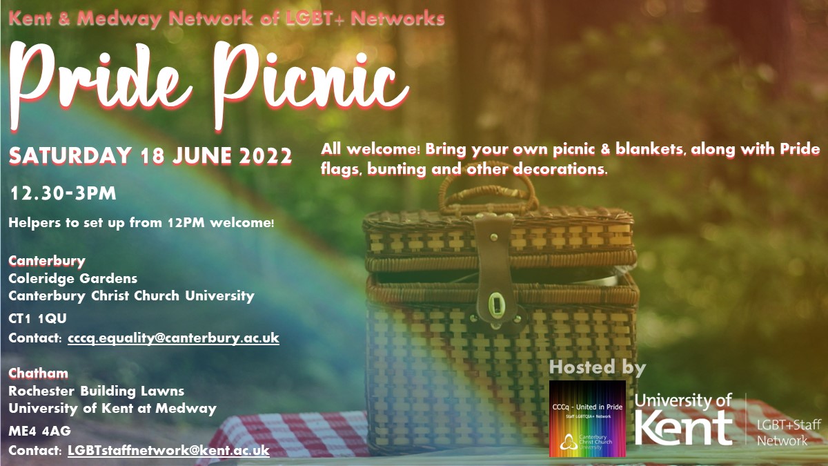 Excited for this Pride Picnic on Saturday 18th June, 12.30-3pm at the CCCU Canterbury Campus (Coleridge Gardens) and Medway Campus (Rochester Building Lawns). Family and friends very welcome. <a href="/CanterburyCCUni/">Canterbury Christ Church University</a> <a href="/canterburyccq/">CCCq</a>
